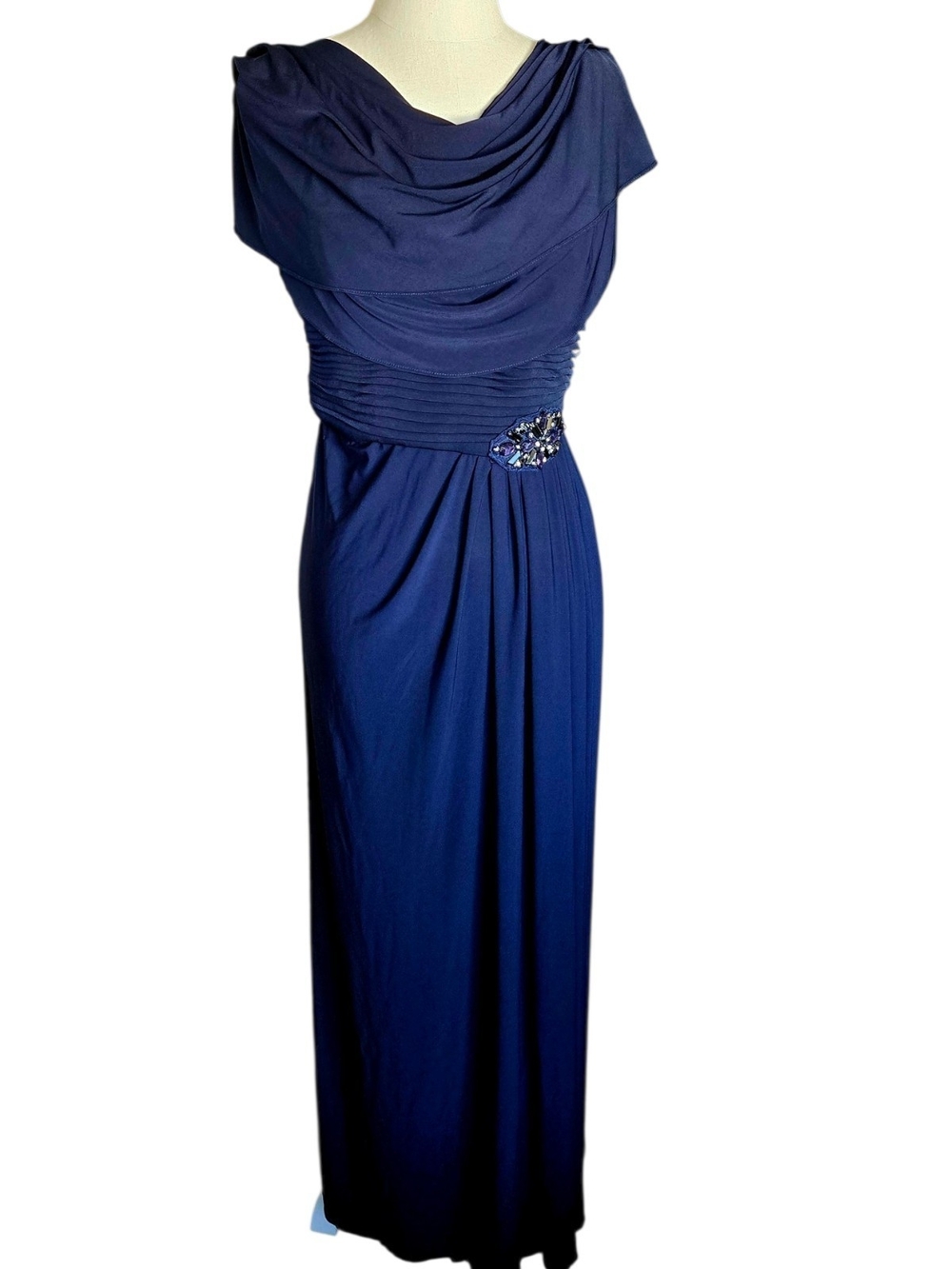 Stenay Navy Draped Cowl Maxi Dress with Embellished Waist